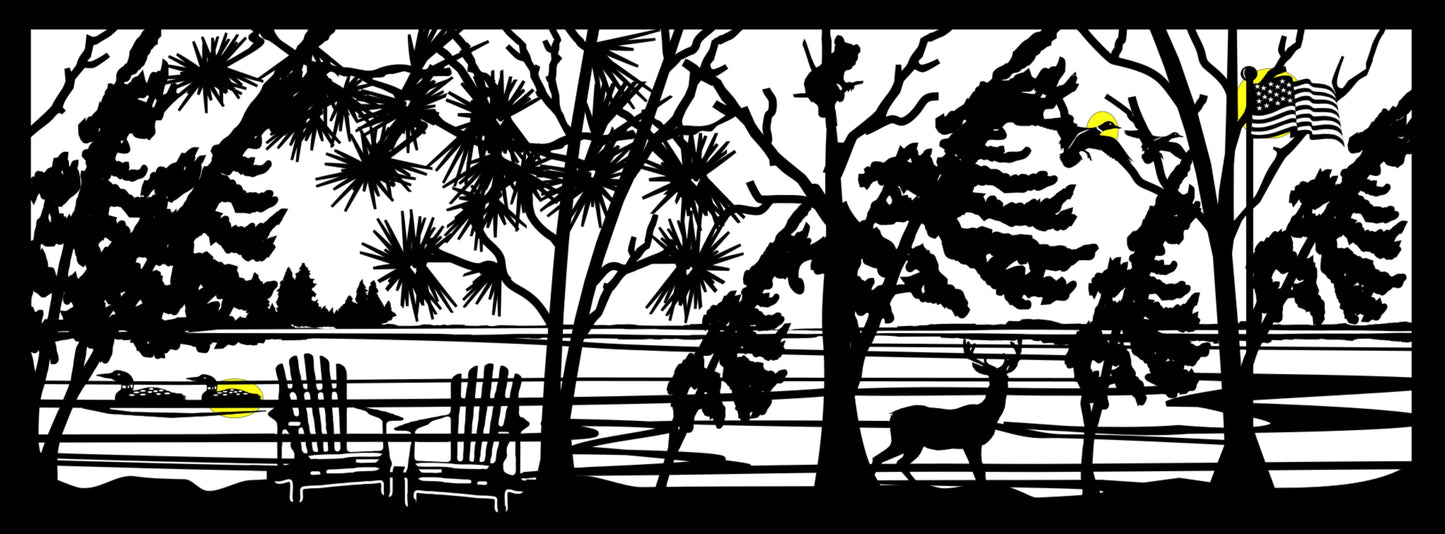 WILD-0032 Windswept Lake Shore with Deer & Bear 22.5"H x 60"W