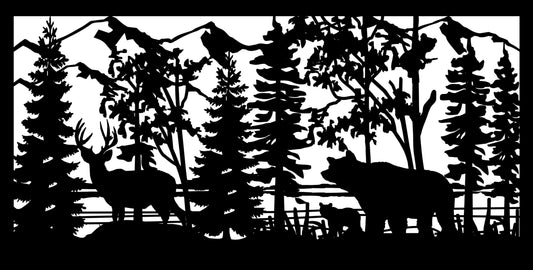 BEAR-0019 Bears & Buck in Forested Mountains 30"H x 58.5"W