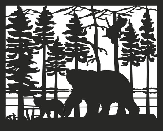BEAR-0021 Bear & Cubs near Lake 30"H x 37.25"W