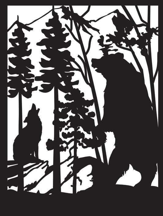 GRIZ-0044 Standing Grizzly & Howling Wolf 33.25"H x 25.375" W