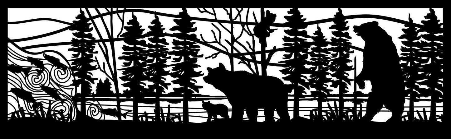 GRIZ-0048 Grizzly Family & Salmon Jump (ver 3) 30"H x 96"W