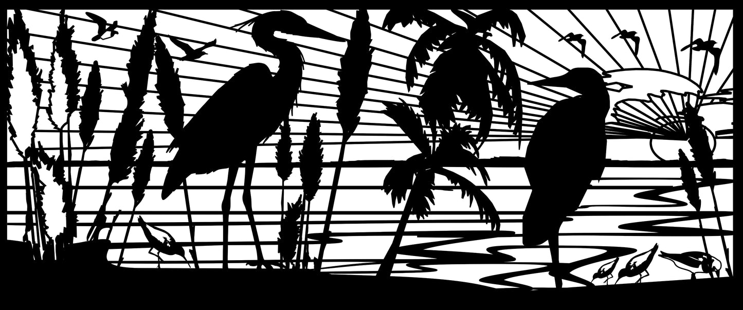 HRON-0008 Herons & Palms 30"H x 71.5"W
