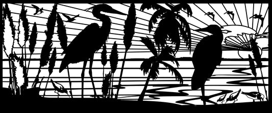 HRON-0008 Herons & Palms 30"H x 71.5"W