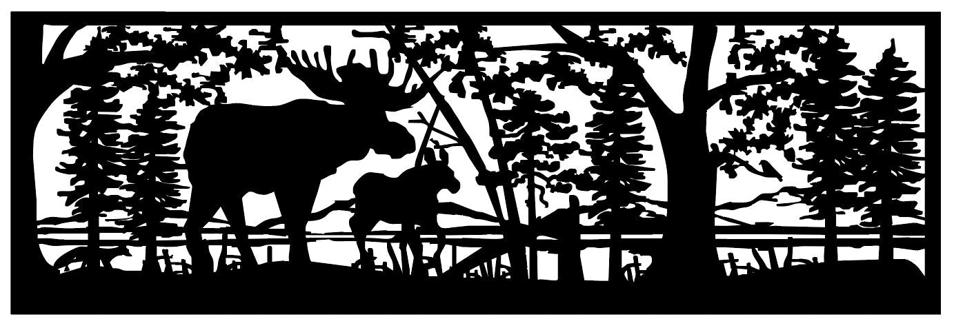 MOOS-0011 Bull & Calf Moose at Lake 33"H x 92"W