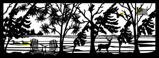 WILD-0032 Windswept Lake Shore with Deer & Bear 22.5"H x 60"W